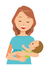 A pregnant woman wearing green clothes holds a baby in her arm