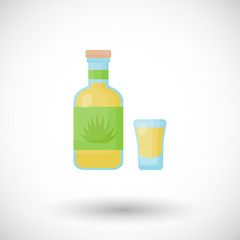 Tequila bottle and shot flat vector icon