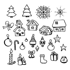 Fototapeta na wymiar Set of Christmas elements. Christmas tree, candles, houses, socks, balls, gifts . Sketch on a white background.
