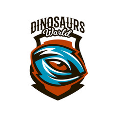 Emblem, badge, sticker, logo of the dinosaur eyes. A look of a dangerous beast, a predator of the Jurassic period, an extinct animal, a mascot. Lettering, shield, printing. Vector illustration