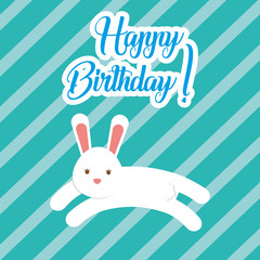 white bunny jumping striped background - happy birthday card vector illustration