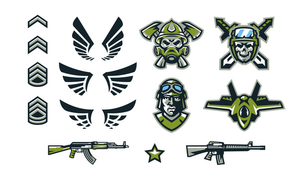 A set of military signs, emblems, logos. Soldiers' insignia, wings, assault rifles, a skull in a helmet against the background of swords and axes, the face of a tankman. Vector illustration