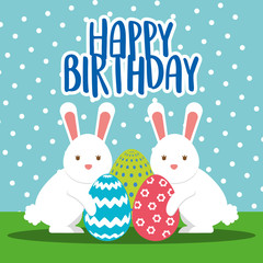 happy birthday card with easter bunny and eggs vector illustration
