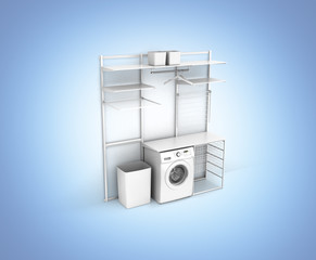 interior of home laundry with washing machine and empty shelves on a blue gradient  background 3d