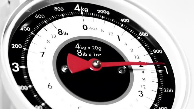Black and white and colour Vintage scale close up, view of numeric household scale instrument and indicator, measuring food for preparing meals