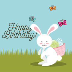 Obraz na płótnie Canvas happy birthday card sweet bunny with basket easter eggs in back vector illustration