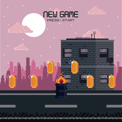 Pixelated city videogame fight scenery with coins