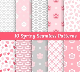 Ten spring seamless patterns. Pink and gray romantic backgrounds. Endless texture for wallpaper, web page, wrapping paper and etc. Retro style. Flowers, waves and petals.