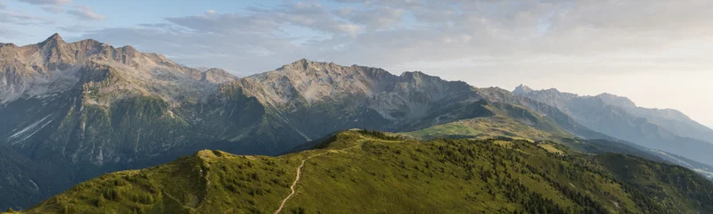 Foto auf Alu-Dibond aerial image of green meadows in a mountain landscape at Isère © Sebastian
