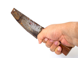 Man hand holding big kitchen rusty knife on white background (isolated background).