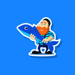 Color illustration of a cute cartoon fisherman with fish