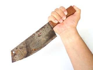 Man hand holding big kitchen rusty knife on white background (isolated background).
