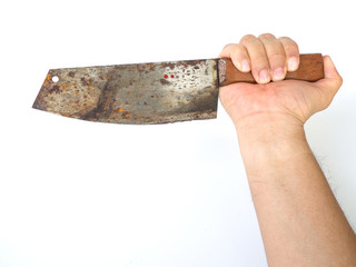 Man hand holding big kitchen rusty knife on white background (isolated background).