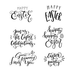 Set of hand drawn lettering phrase Happy Easter, Hippity, Hoppity Easter, Easter party, Some Bunny Loves You, Join us for Easter Celebrations