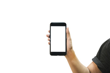 Hand holding blank white screen smartphone isolate on white background..