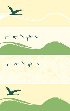 Set of vector banners or cards with silhouettes of flying geese or ducks on abstract backgrounds with waves, streaks and spots, flock of migratory birds