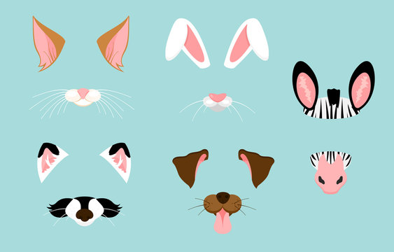 Vector illustration of cute and nice animal ears and nose masks for selfies, pictures and video effect. Funny animals faces filters for mobile phone.