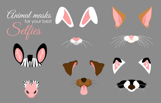 Vector illustration set of cute animal ears and nose masks for selfies, pictures and video effect. Funny animals faces of zebra, bunny, dog, cat and raccoon, filters for mobile phone.