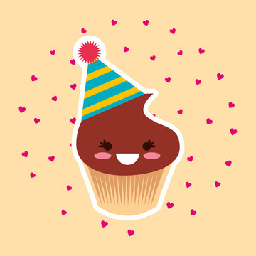 happy birthday cute kawaii cupcake vector illustration