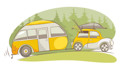 Summer travel in a house on wheels / Funny yellow retro car with camping truck ride on a fishing, vector illustration
