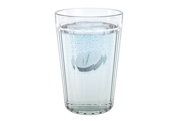 Effervescent soluble tablet pill in the glass. 3D rendering
