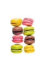 colorful traditional French sweets macaroons from almond flour isolated on white.