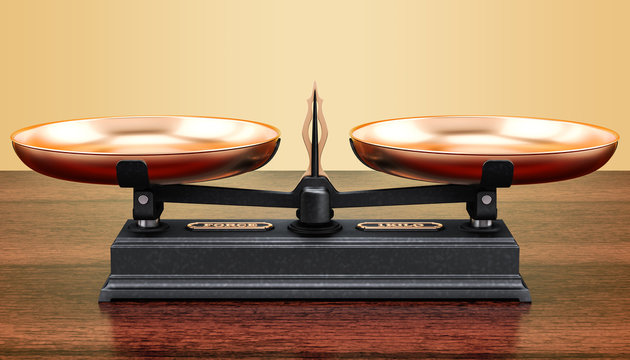 Roberval balance, scales on the wooden table. 3D rendering