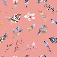 Boho seamless watercolor pattern of feathers and wild flowers, leaves, branches flowers, illustration, love and feathers, bohemian decoration spring blossom