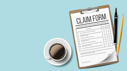 Claim Form Vector. Medical, Office Paperwork. Clipboard. Background. Coffee Cup, Pencil. Realistic Illustration