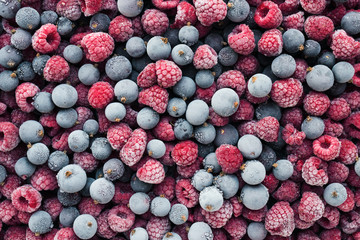 Frozen berries top view. Raspberries and black currant.