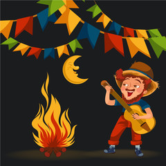 Man with mustache plays guitar near fire under moon vector illustration, Boy singing son at bonfire at night