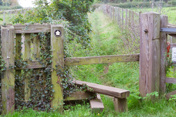 public footpath in countryside, England, UK; a typical construction to prevent cattle from escaping