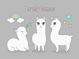 Vector illustration set of beautiful cute llama alpaca. Happy lama, in love, sleeping alpaca with stars and rainbow in cartoon style.