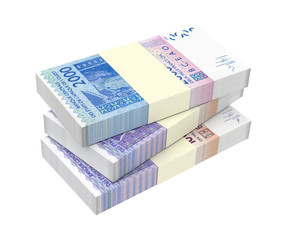 West African CFA francs bills isolated on white with clipping path. 3D illustration.