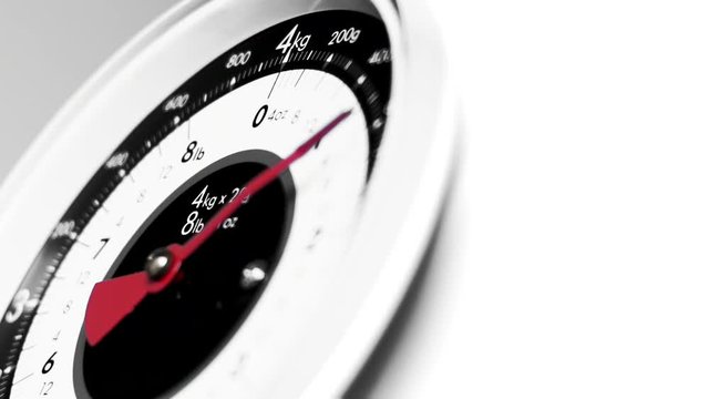 Black and white and colour Vintage scale close up, view of numeric household scale instrument and indicator, measuring food for preparing meals