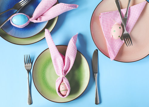 Spring Easter Table setting. Top view