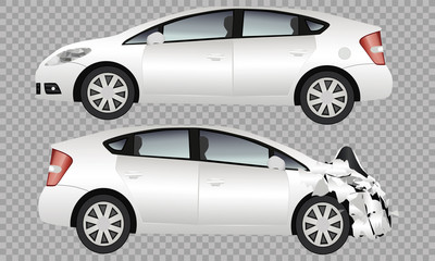 Accident car with front, crumpled hood. Two cars, before the accident and after. All elements in groups on separate layers.