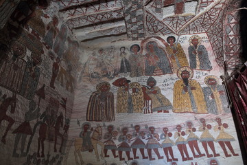 TIGRAY REGION, ETHIOPIA - February 06, 2018: wall murals of saints and iconographic scenes, painted...