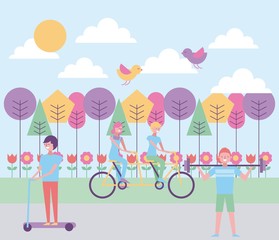 people riding tandem skate and lifting weight in the park vector illustration