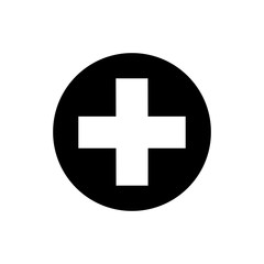 Isolated medical cross icon on white background. Flat black medical cross icon for use in variety of projects. Monochrome vector medical cross icon for web sites and apps.