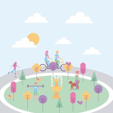 people in the park with fountain trees vector illustration