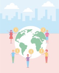 people holding bitcoin in hands around world vector illustration