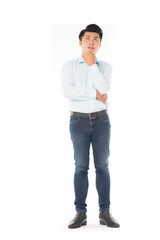 Fototapeta premium Studio portrait of young Asian man expressing emotions on white background