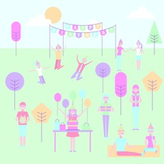 people happy birthday in the park celebrating cartoon vector illustration