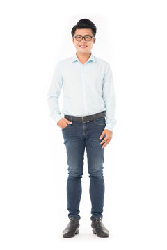 Portrait of young Asian businessman wearing eyeglasses on white background