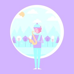 man playing saxophone in the winter background vector illustration