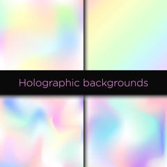 Vector illustration set of four realistic holographic backgrounds in different colors for cover design, trendy modern cards, pattern design to printing.