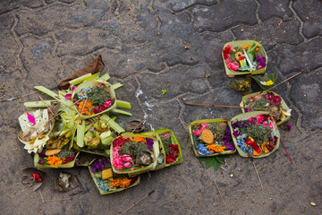 Balinese religious offerings on a street