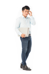 Naklejka premium Portrait of adult Asian student holding books