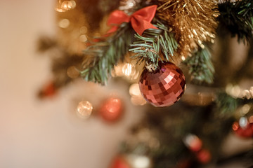 Gold Christmas background  with decorated tree